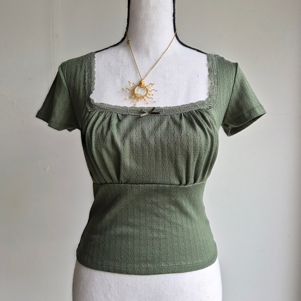No Boundaries Lace Trim Top Womens Small Green Cottagecore Fairycore Goblincore